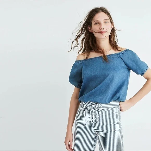 Madewell Indigo Off-the-Shoulder Bubble Top Sz XS - Picture 7 of 8